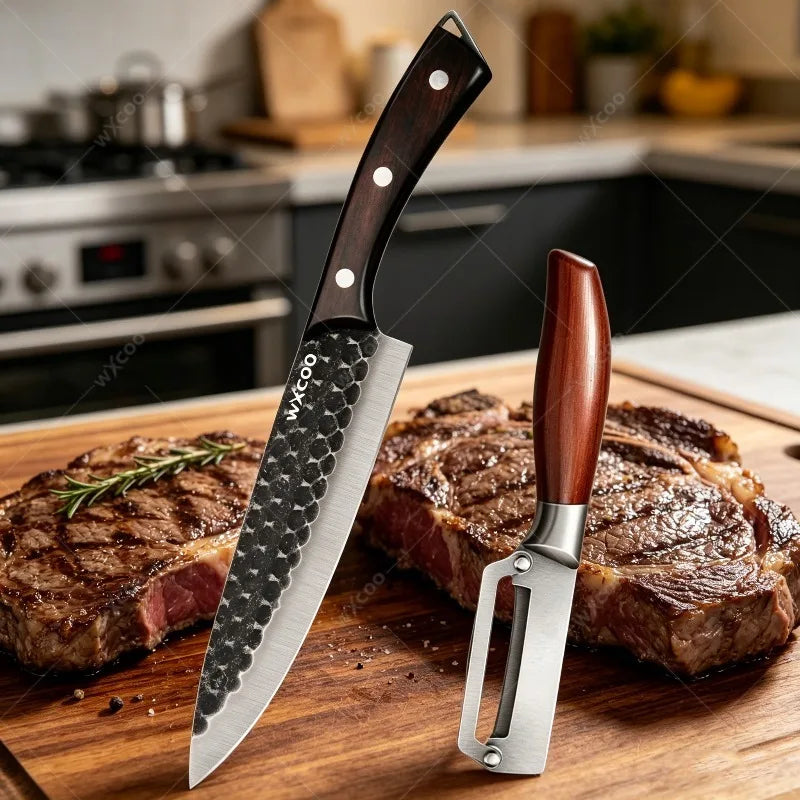 WXCOO Chef Knife & Peeler Set – Stainless Steel Wood Handle Chef Knife Set Axl