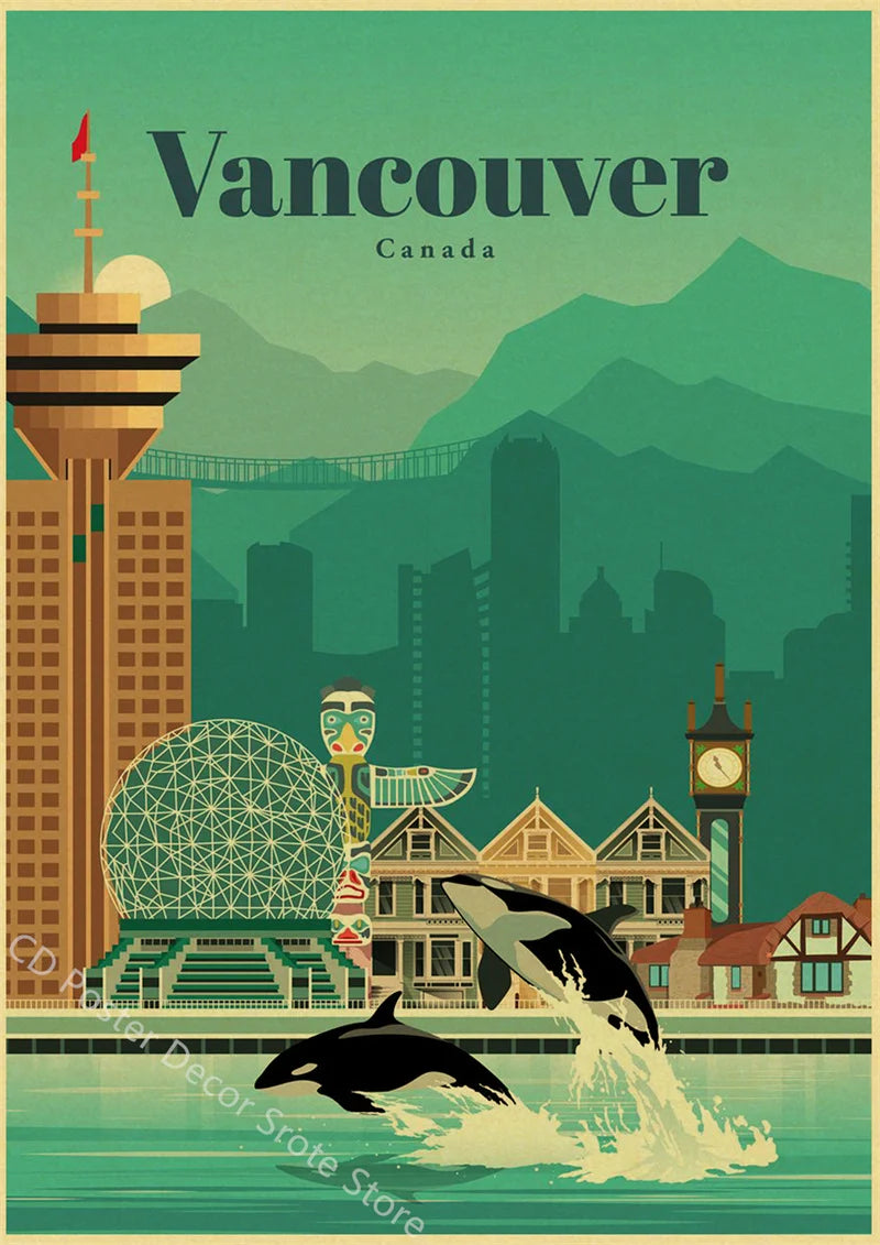 World Cities Retro Travel Poster – Rome Paris Sydney Dubai Art