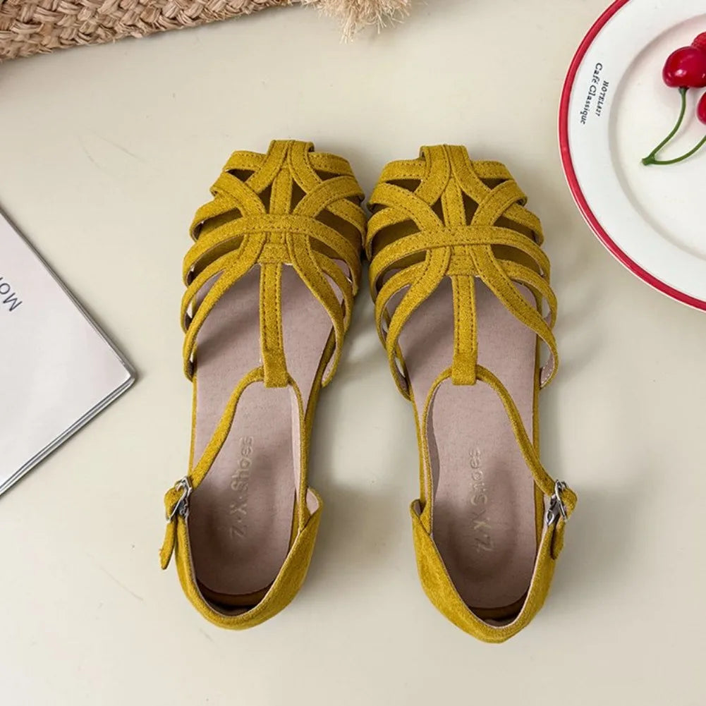 Women's Hollow Out Roman Flat Sandals – Buckle Strap Summer Flat Sandals Axl 40 YELLOW
