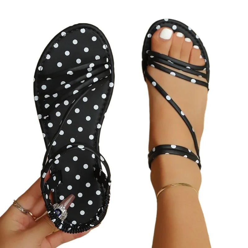 Retro Dot Print Flat Sandals – Women's Strappy Elastic Back Strap Flat Sandals Axl