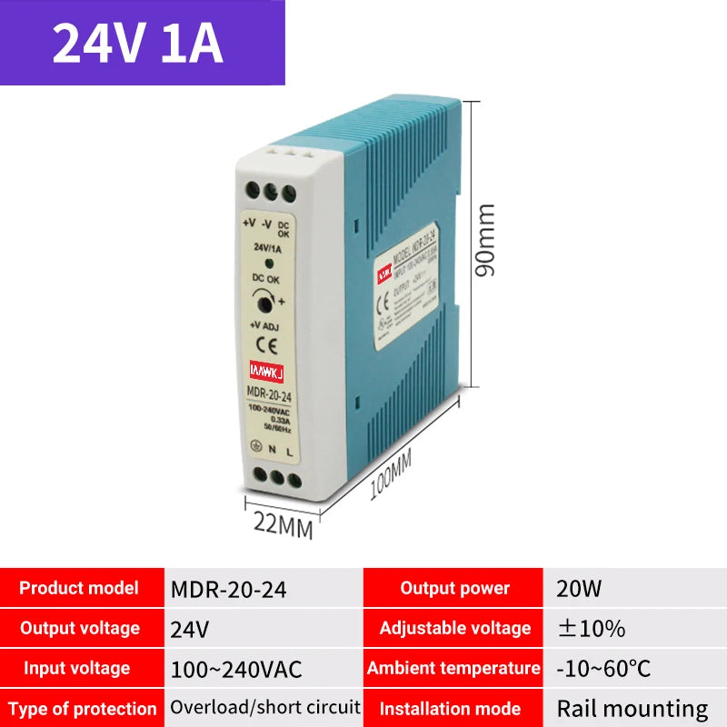 MDR DIN Rail Power Supply 5V 12V 24V | 10W–100W DC Switch DIN Rail Power Supply Axl MDR-20-24