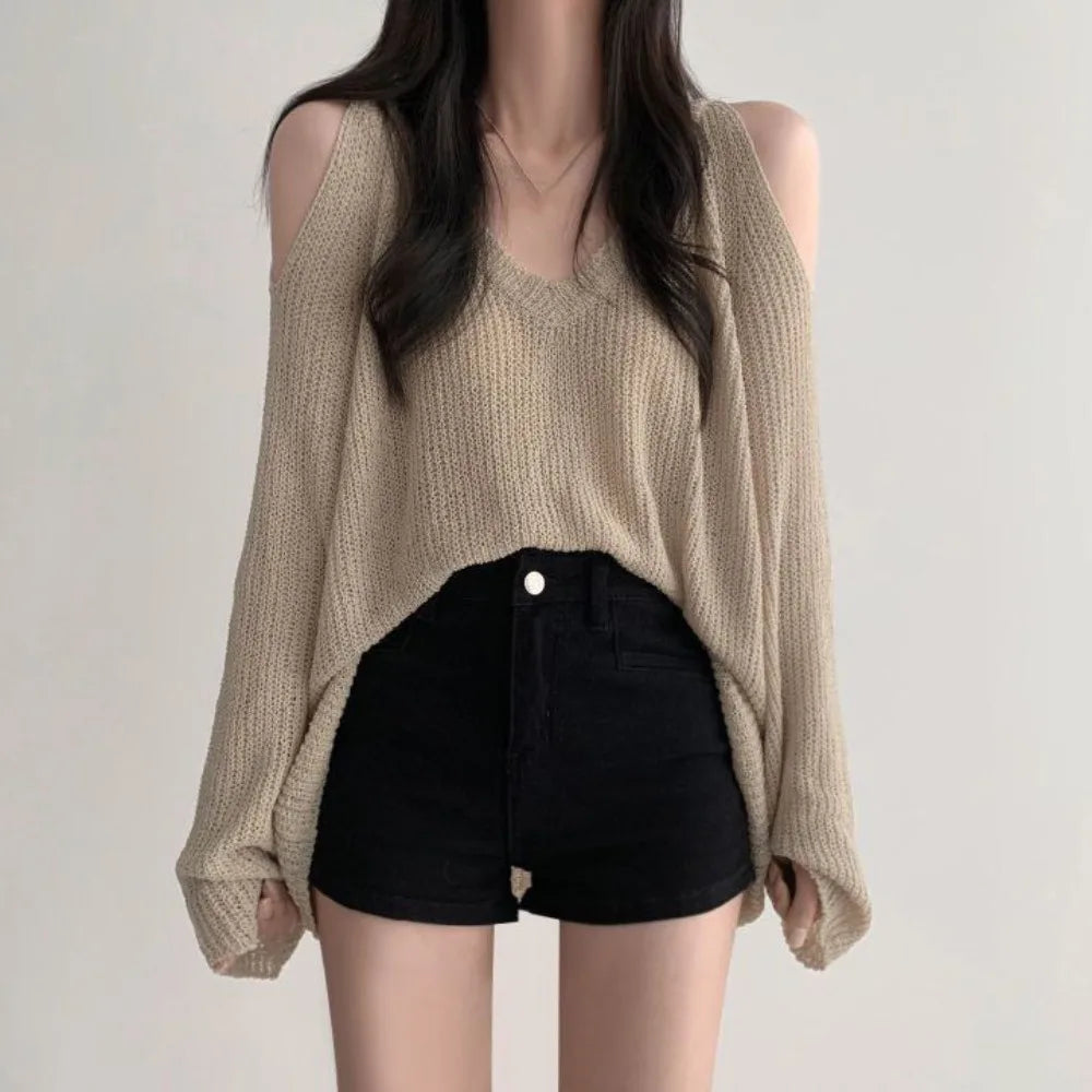 Women's Hollow Knit Crochet Pullover – Loose V-Neck Long Top Knit Pullover Top Axl Apricot One Size