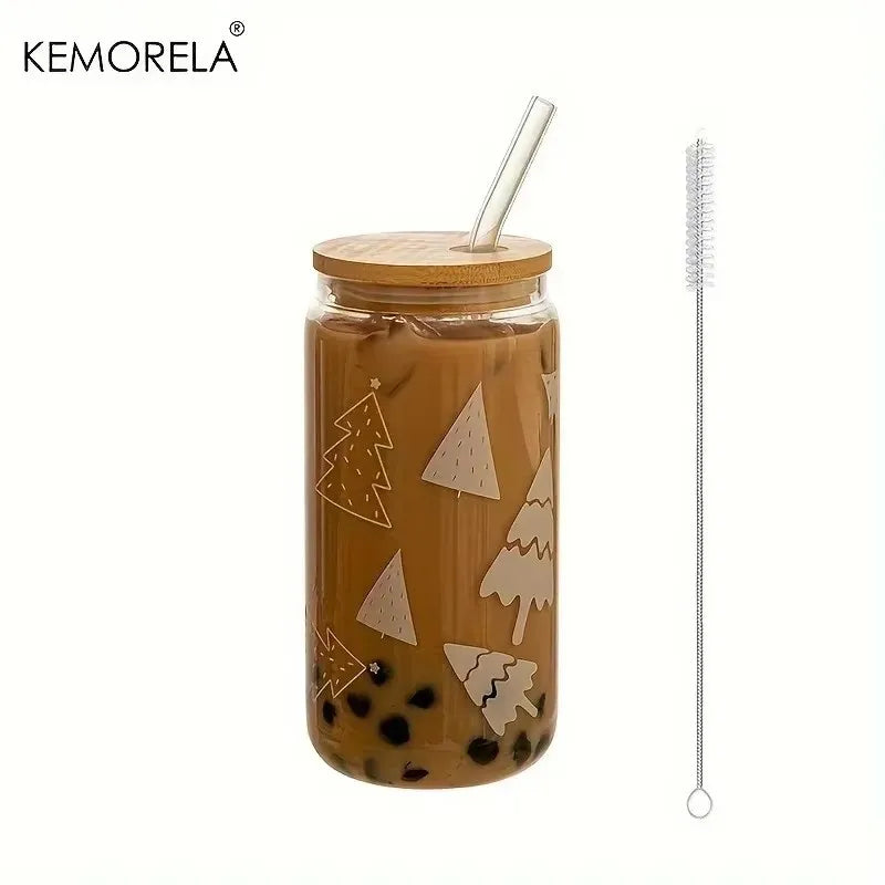 Christmas Glass Tumbler 480ml – Xmas Tree & Elk Cup, Lid & Straw Glass Tumbler Set Axl C 480ml