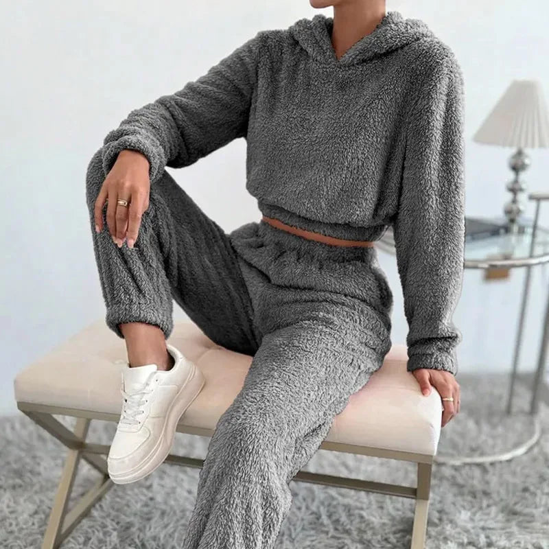 Women's Plush Hooded Loungewear Set – Cozy Winter Homewear Women's Loungewear Set Axl