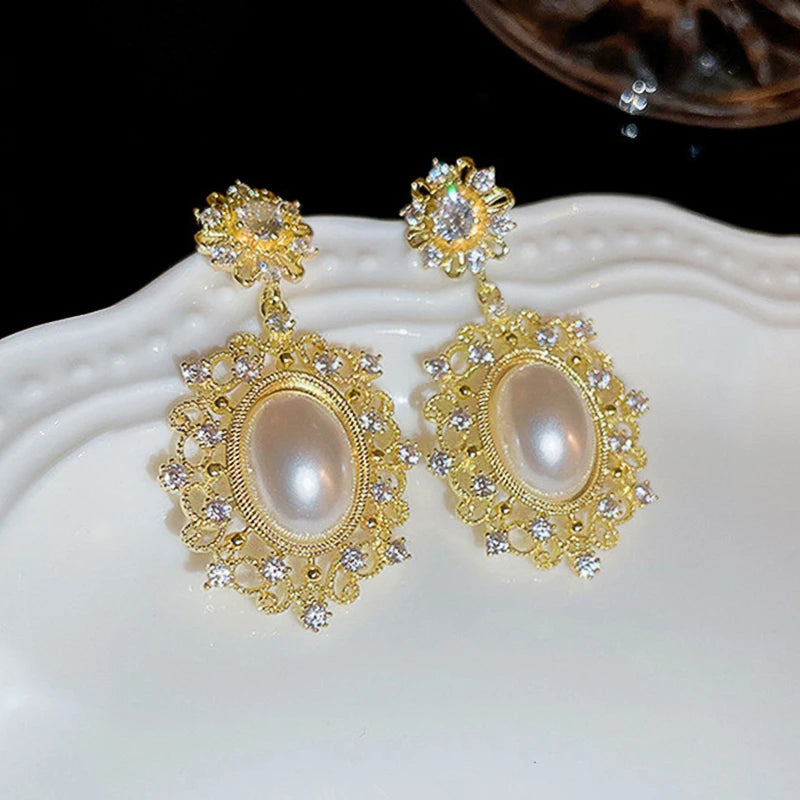 Huitan Gold Simulated Pearl Dangle Earrings | Bridal Wedding Pearl Dangle Earrings Axl