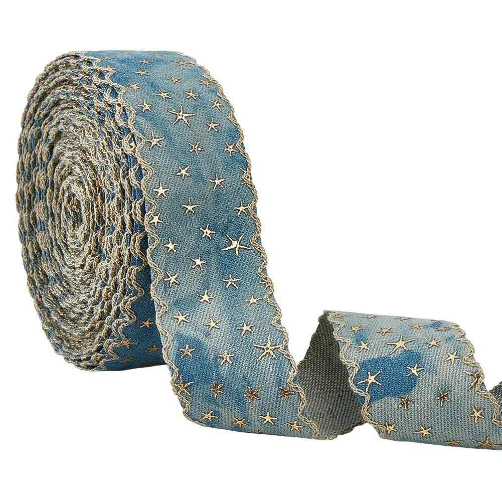 14.29 Yards Star Polyester Ribbon – Light Blue Gold 40mm Craft Ribbon Axl AECH04-17464