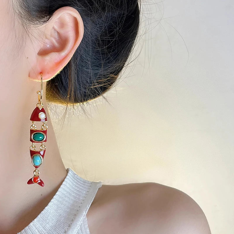Red Enamel Fish Tassel C-Hoop Earrings | Ethnic Boho Style Hoop Earrings Axl