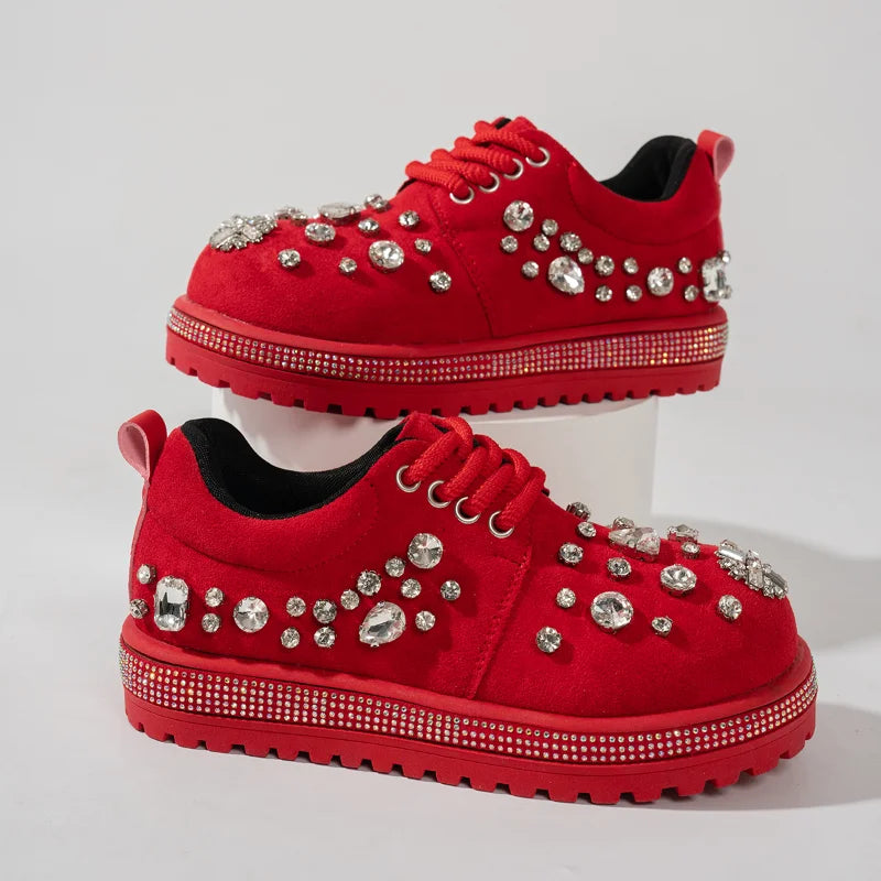 Women's Rhinestone Platform Sneakers | Crystal Suede Shoes Platform Sneakers Axl Red 38