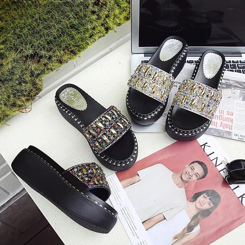 Women's Crystal Rhinestone Wedge Slides – Platform Beach Sandals Wedge Slide Sandals Axl