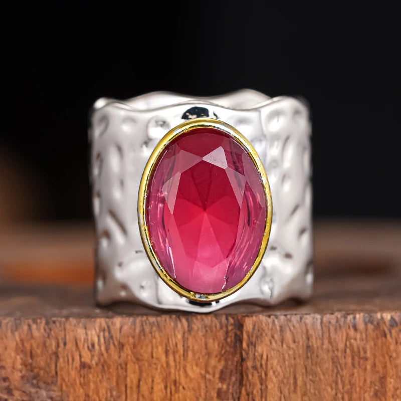 Huitan Vintage Wide Band Ring – Red CZ Two-Tone Women's Ring Fashion Ring Axl