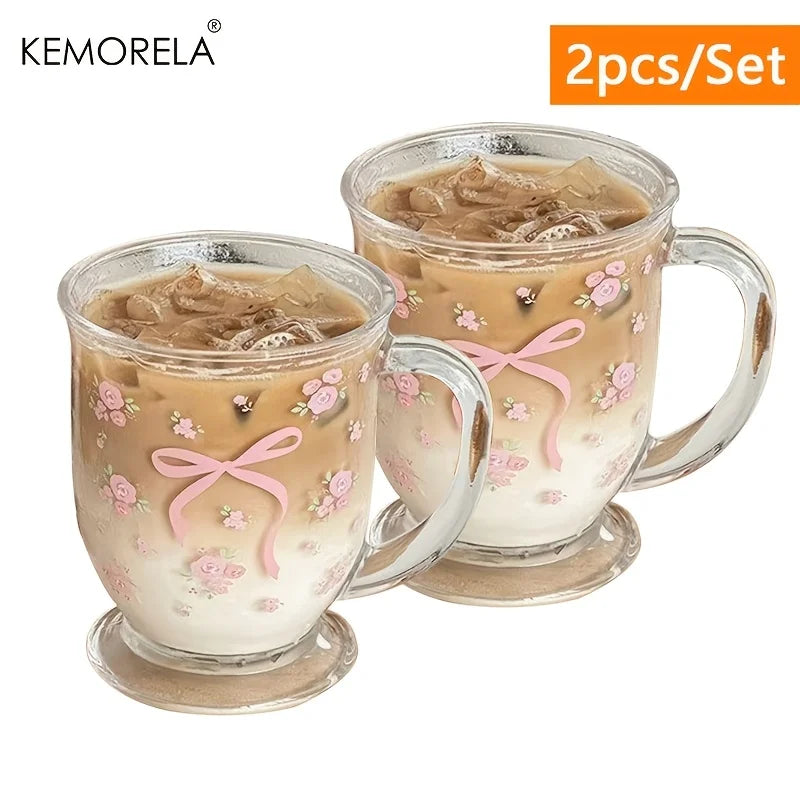 KEMORELA 450ml Floral Rose Glass Cup | U-Shaped Coffee Glass Glass Coffee Cup Axl 2pcs 301-400ml