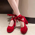 Retro Mary Jane High Heels – Thick Square Heel Women's Pumps Mary Jane Pumps Axl Burgundy strap 39