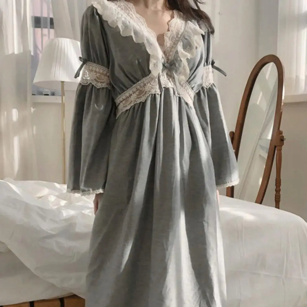 Vintage Lace V-Neck Women's Nightgown – Ankle-Length Sleep Dress Women's Nightgown Axl GRAY S