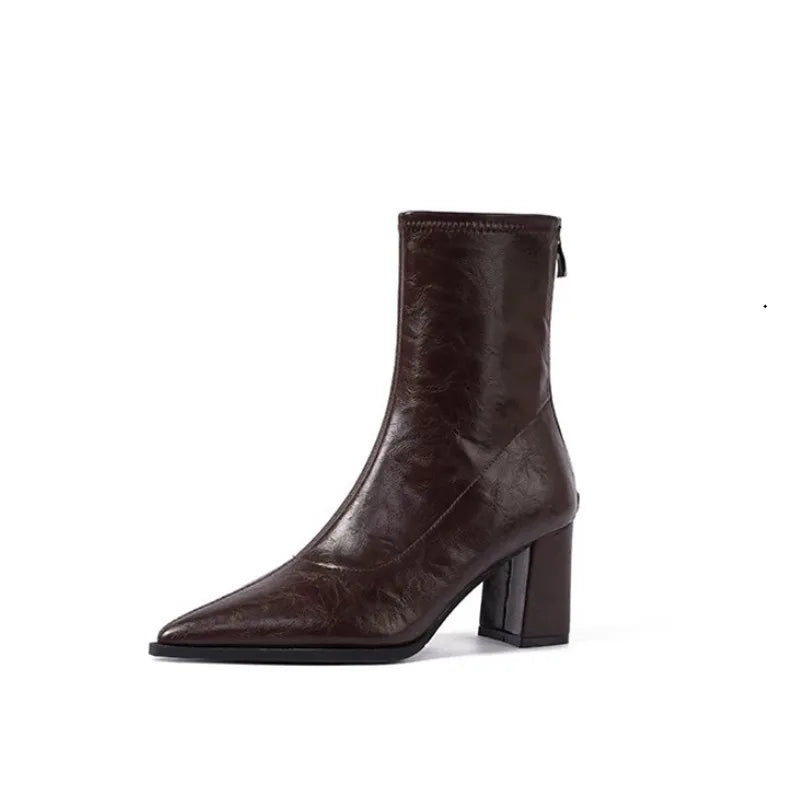 Women's Vintage Pointed Toe Ankle Boots – Square Heel Zip Women's Ankle Boots Axl