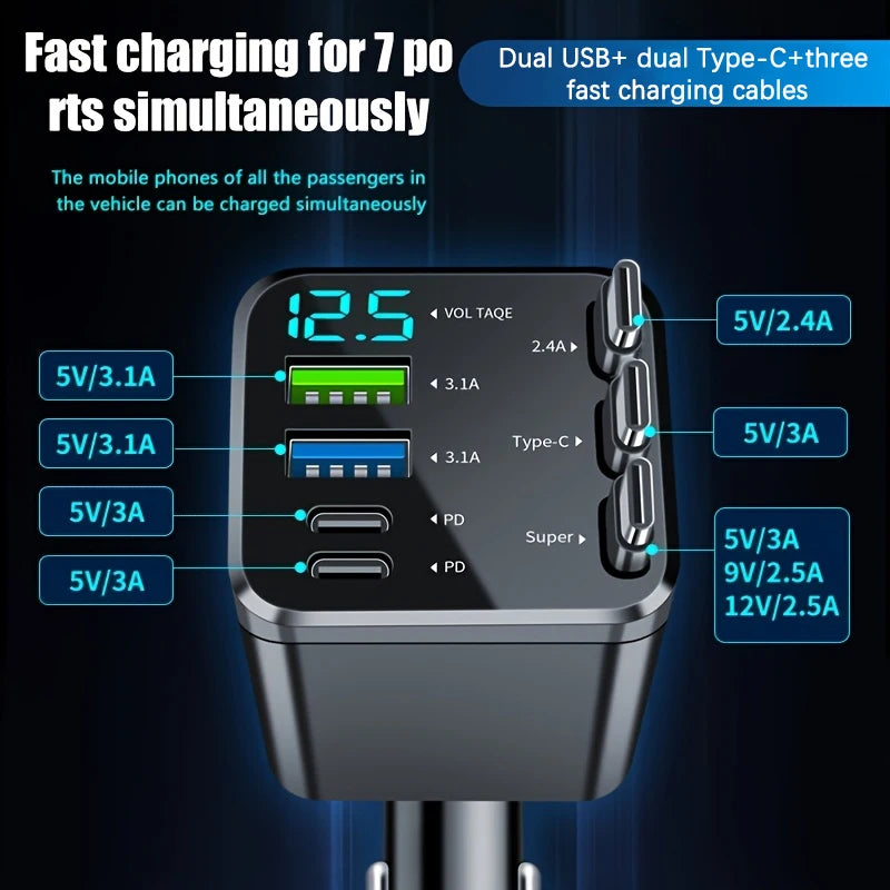 7-in-1 Retractable Car Charger USB-C Fast Charge 35W Car Charger Adapter Axl