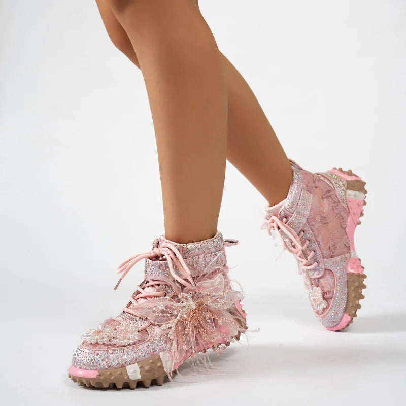 Women's Rhinestone Knitted High-Top Sneaker Boots Thick Sole High-Top Sneaker Boots Axl