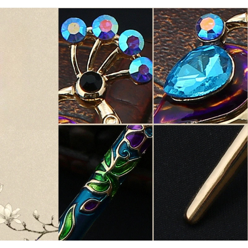 Retro Peacock Enamel Crystal Hair Stick Pin – Chinese Style Hair Stick Pin Axl