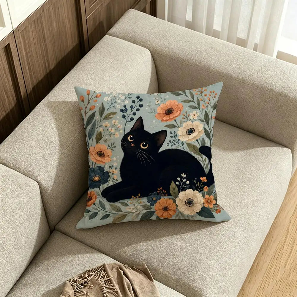Black Cat Floral Linen Cushion Cover | Sofa & Bedroom Decor Decorative Cushion Cover Axl