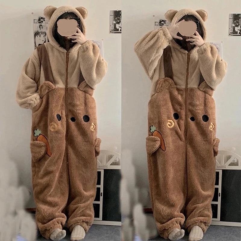 Flannel Animal Onesie Pajamas – Unisex Hooded Bear Sleepwear Animal Onesie Pajamas Axl Thickened Bear XL