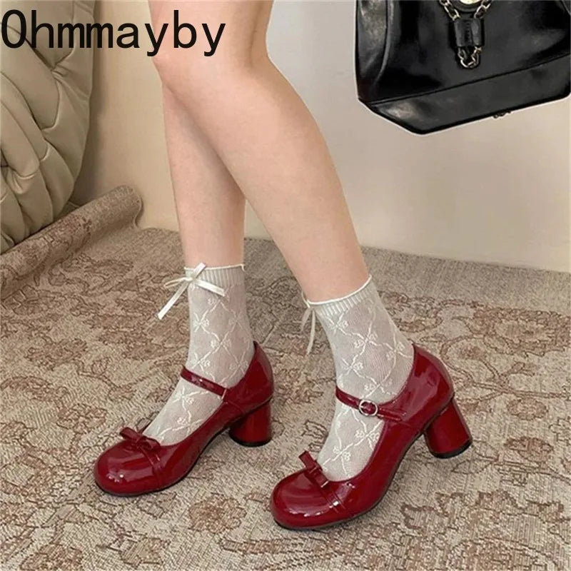 Butterfly-Knot Mary Jane Pumps | Women's Lolita Square Heels Mary Jane Pumps Axl