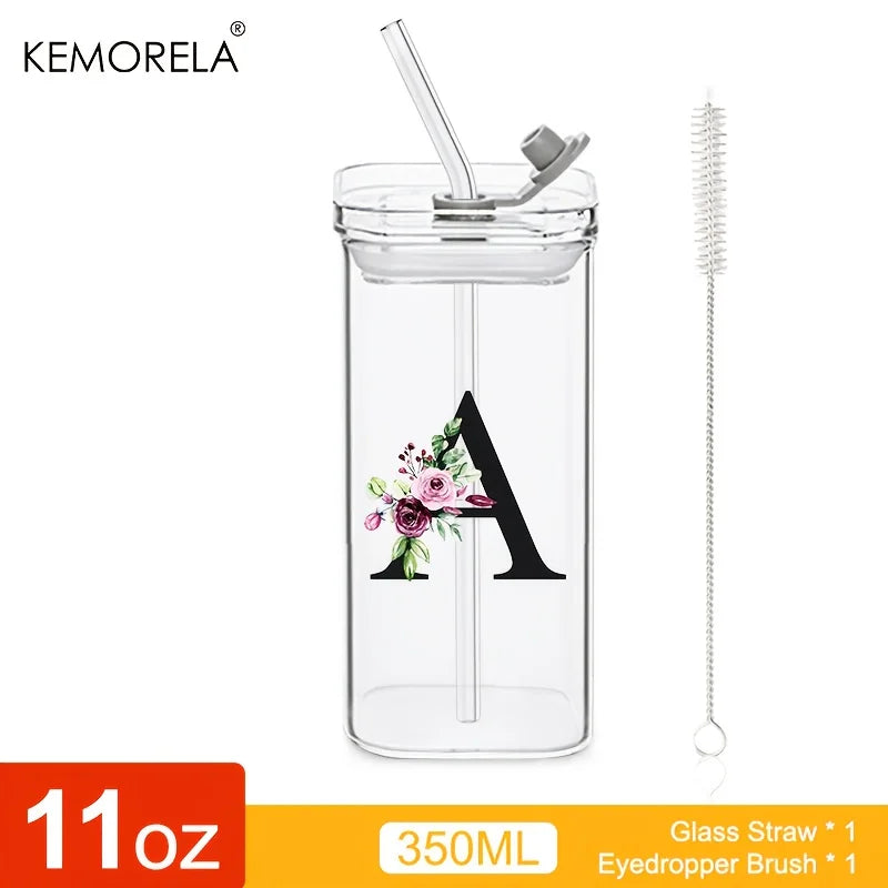 KEMORELA 300ml Letter-Shaped Glass Tumbler with Lid & Straw Glass Tumbler Axl A 300ML