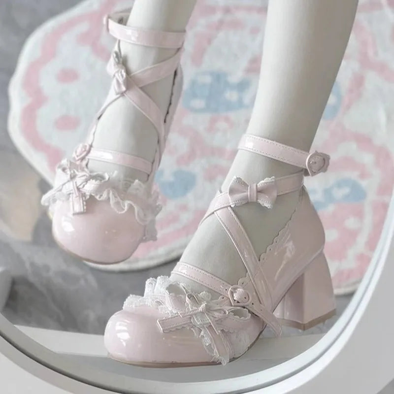 Pink Mary Jane Chunky Heels – Bowknot Square Heel Pumps Mary Jane Pumps Axl