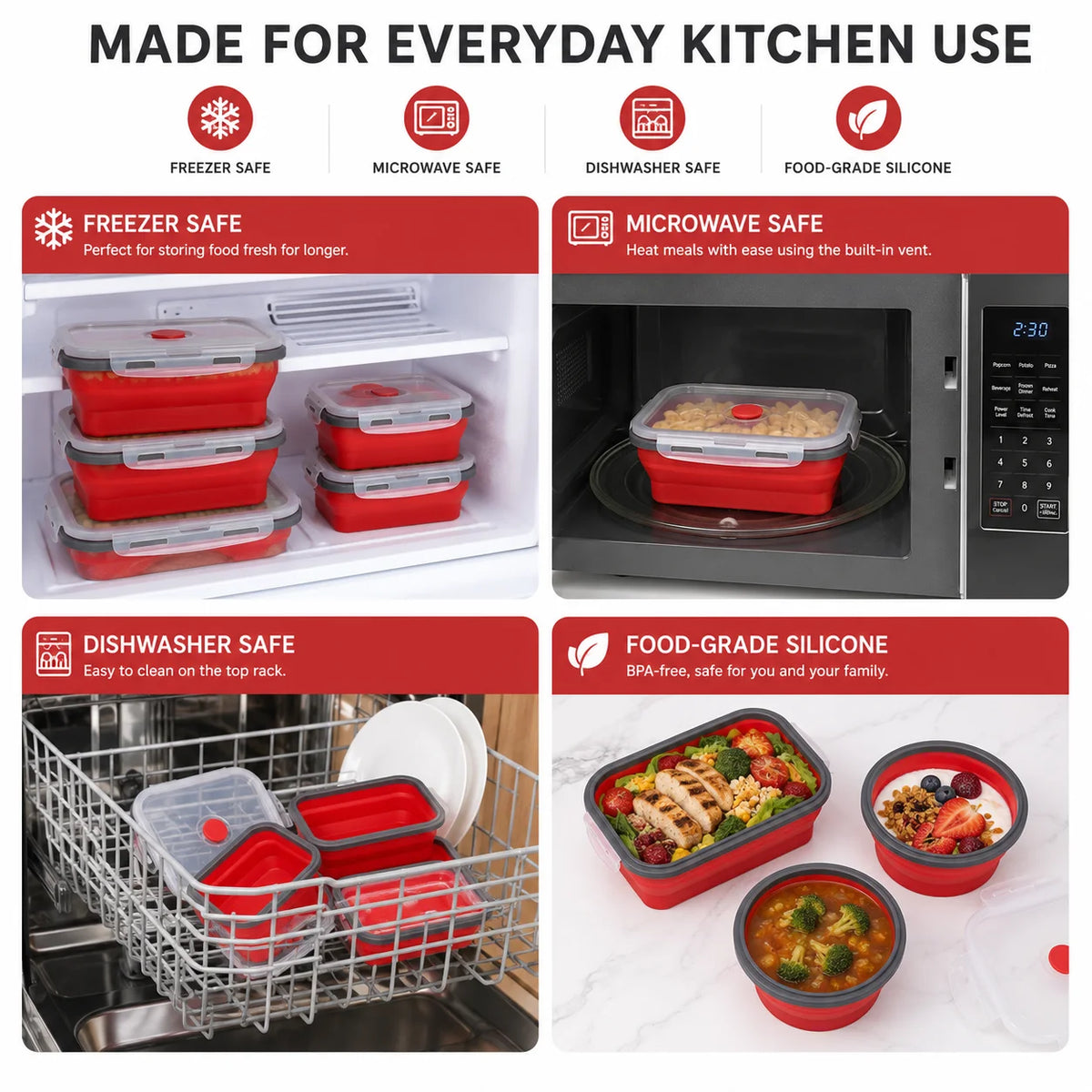 Uwhise 4-Pack Collapsible Silicone Food Containers | Leakproof Silicone Food Containers Axl