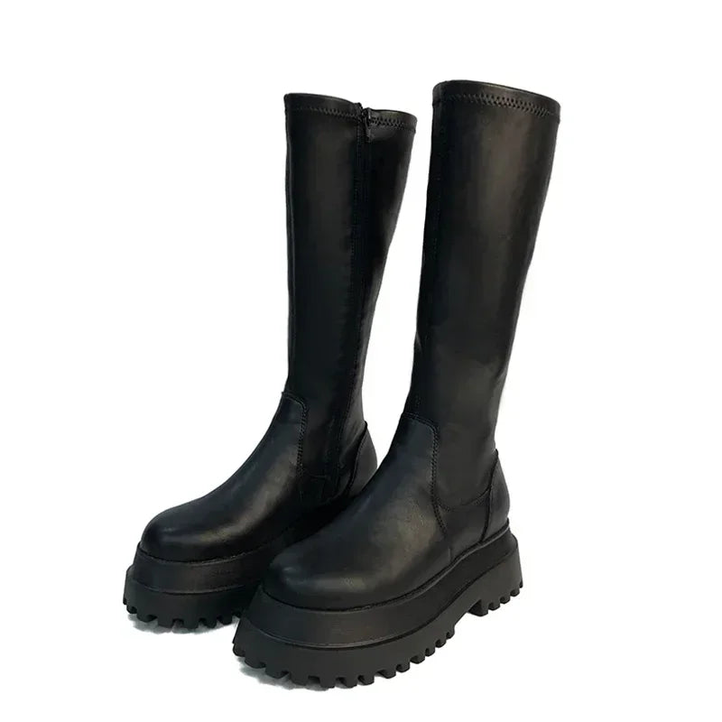 Women's Knee-High Platform Boots – Chunky Heel Side Zip Winter Knee-High Platform Boots Axl Black long 40