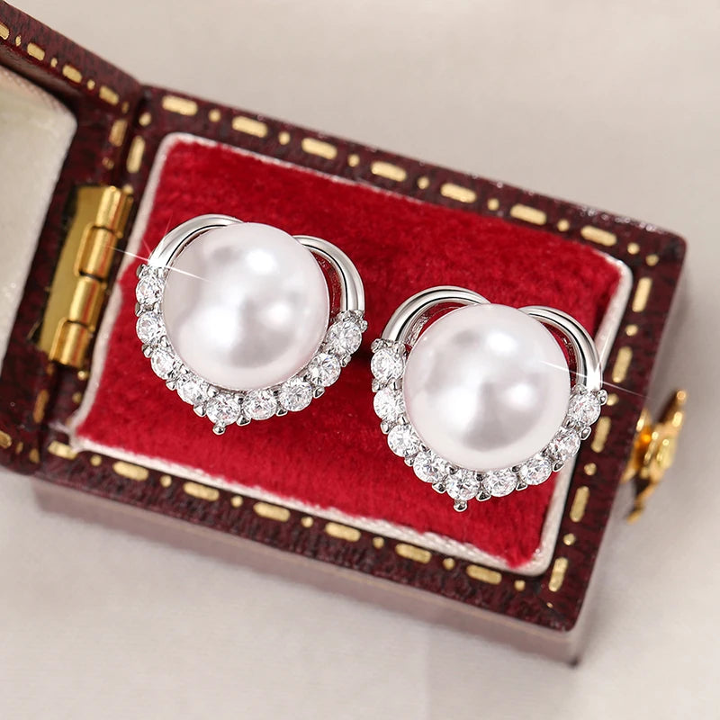 Huitan Heart Pearl Stud Earrings – Women's Trendy Fashion Jewelry Pearl Stud Earrings Axl