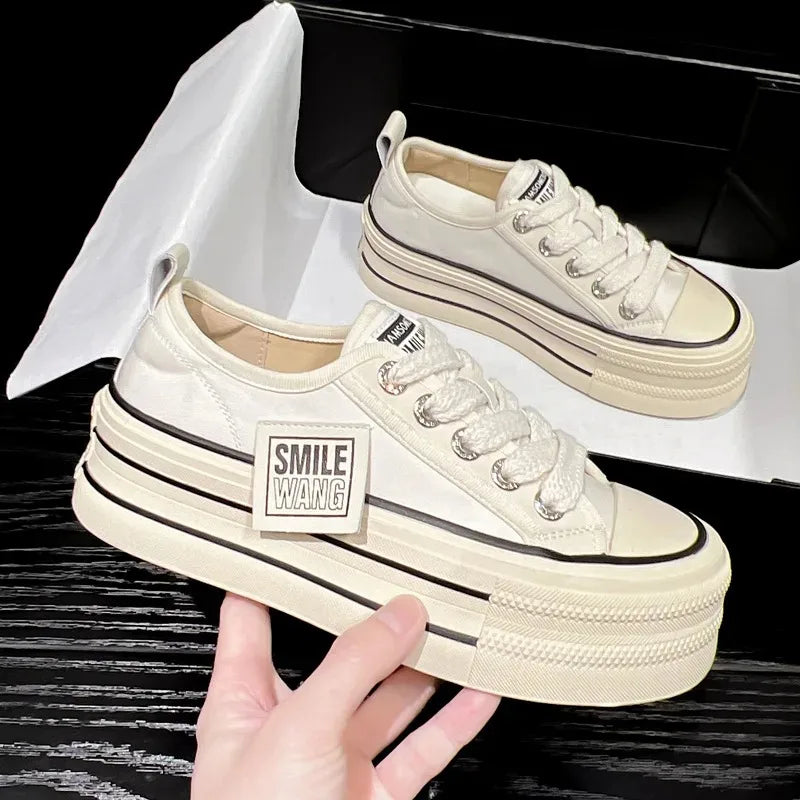 Women's Platform Canvas Sneakers – Casual Lace-Up Flats Canvas Flat Sneakers Axl