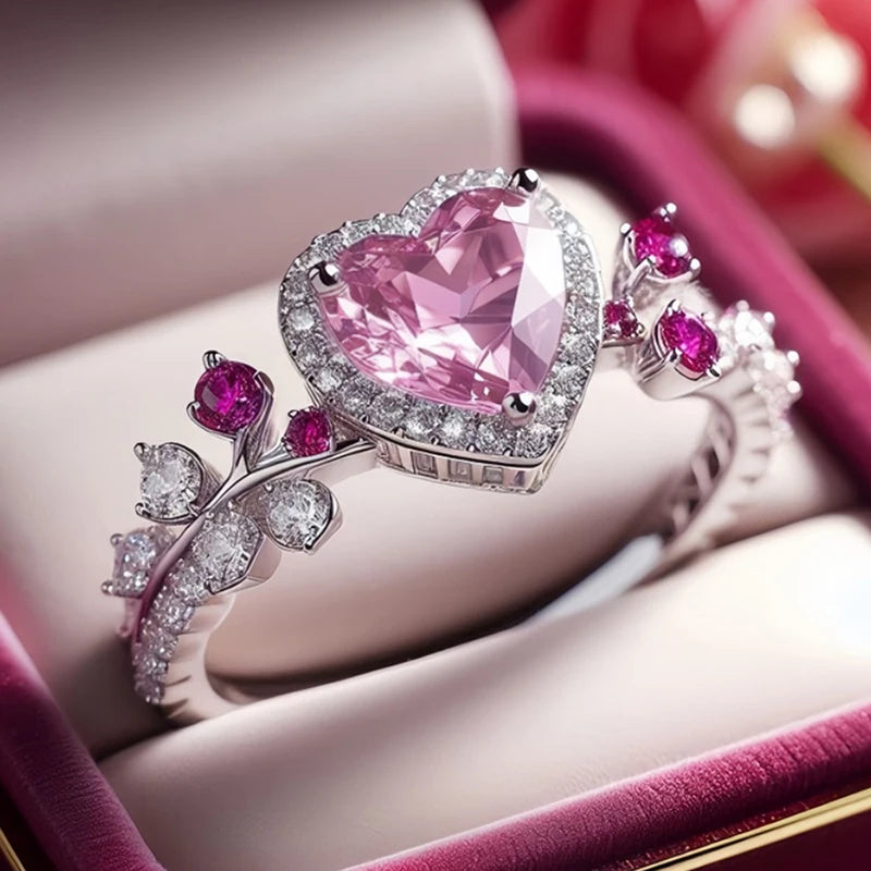 Huitan Pink Heart CZ Ring – Women's Wedding & Engagement Band CZ Fashion Ring Axl