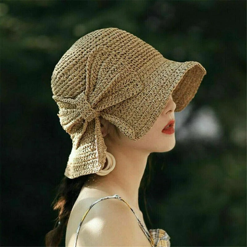Women's Wide Brim Foldable Straw Beach Sun Hat with Bowknot Straw Sun Hat Axl