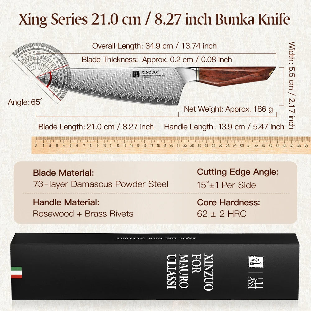 XINZUO 73-Layer Damascus Bunka Knife – 8.27" Chef Knife Damascus Chef Knife Axl