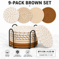9-Pc Boho Cotton Woven Coasters Set with Holder – Absorbent Drink Coasters Set Axl 9-Pack Brown Set