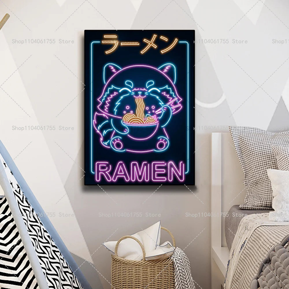 Neon Retro Japanese Ramen Sushi Cat Wall Poster Sticker Wall Poster Sticker Axl