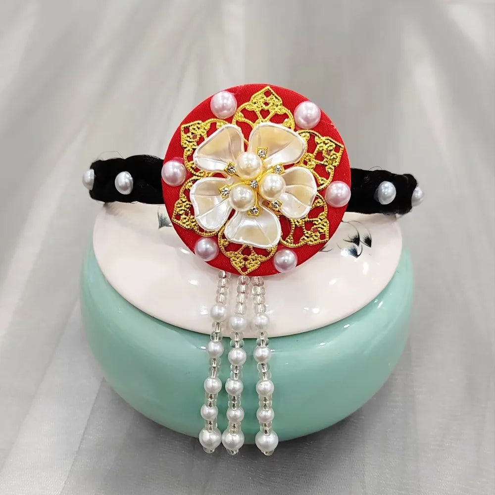Korean Hanbok Headband – Pearl Flower Tassel Hair Hoop Hair Headband Axl red