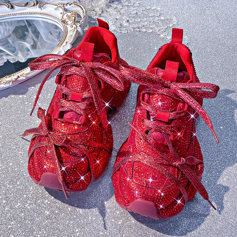 Women's Luxury Bling Platform Sneakers – Lace-Up Sport Shoes Platform Sneakers Axl Red 38