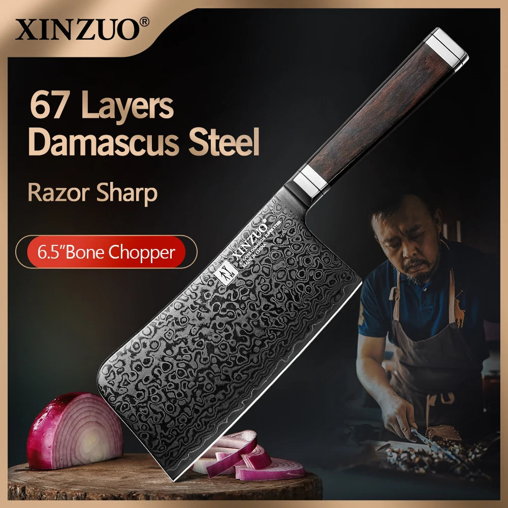 XINZUO 6.5" 67-Layer Damascus Steel Bone Chopper Kitchen Knife Damascus Bone Chopper Axl