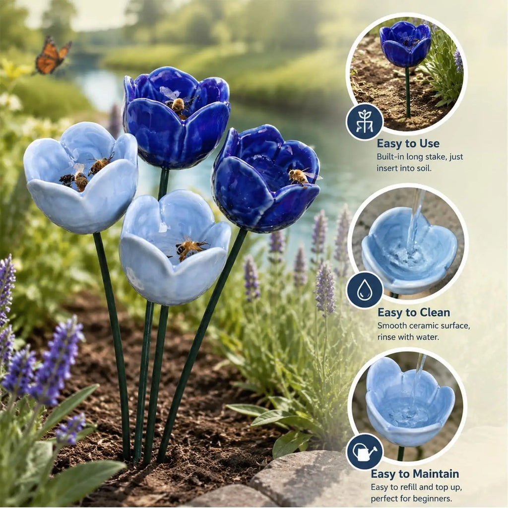 Flower Shaped Bee Watering Station Garden Stake Set of 4 Garden Bird Bath Axl