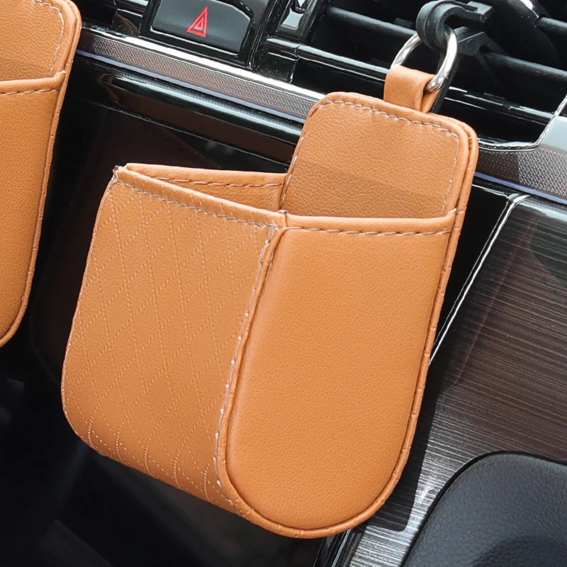 Car Air Vent Storage Bag – PU Leather Organizer Pocket Car Vent Organizer Axl brown