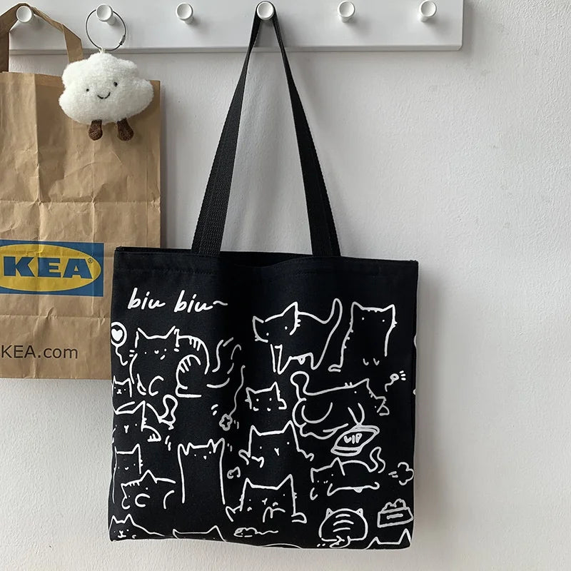 Cute Cat Canvas Tote Bag – Japanese Style Shoulder Bag Canvas Shoulder Tote Axl