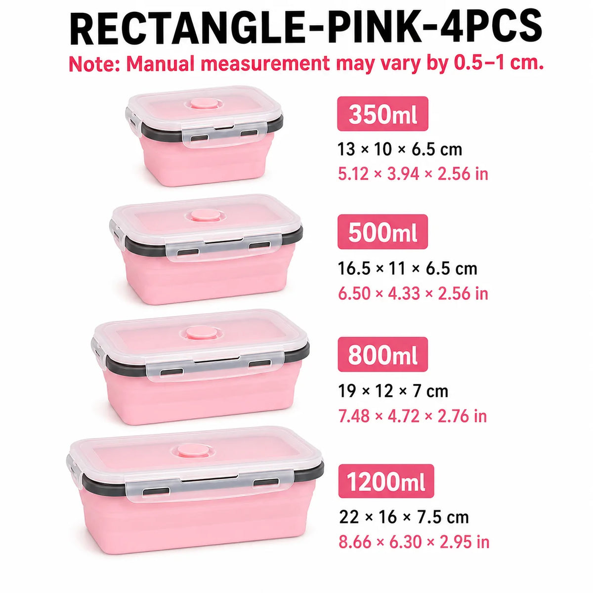 Uwhise 4-Pack Collapsible Silicone Food Containers | Leakproof Silicone Food Containers Axl Rectangle-Pink-4Pcs