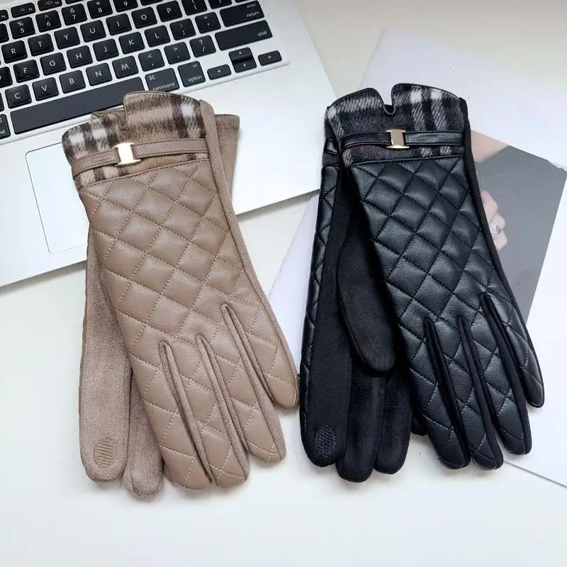 Women's Plaid PU Leather Touchscreen Winter Gloves | Plush Warm Winter Touchscreen Gloves Axl