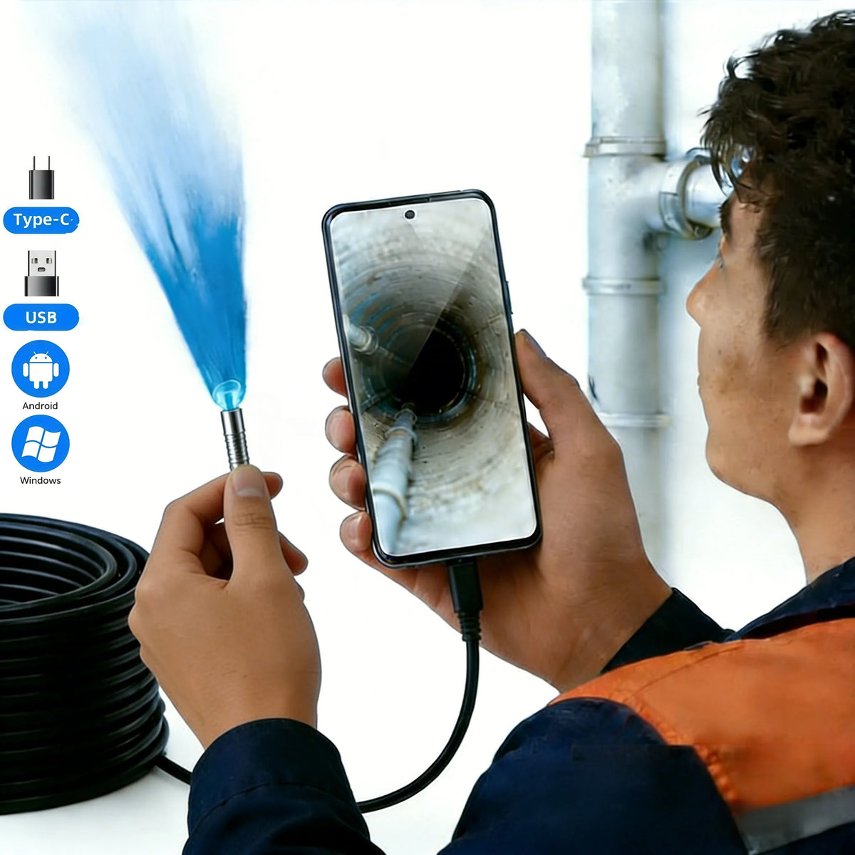 7mm USB-C Borescope Inspection Camera – IP67, 6 LEDs, Android Borescope Inspection Camera Axl