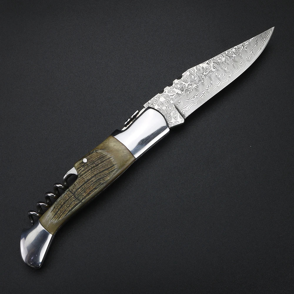 Damascus Steel Folding Knife – Sheep Horn Handle | XUAN FENG Damascus Folding Knife Axl