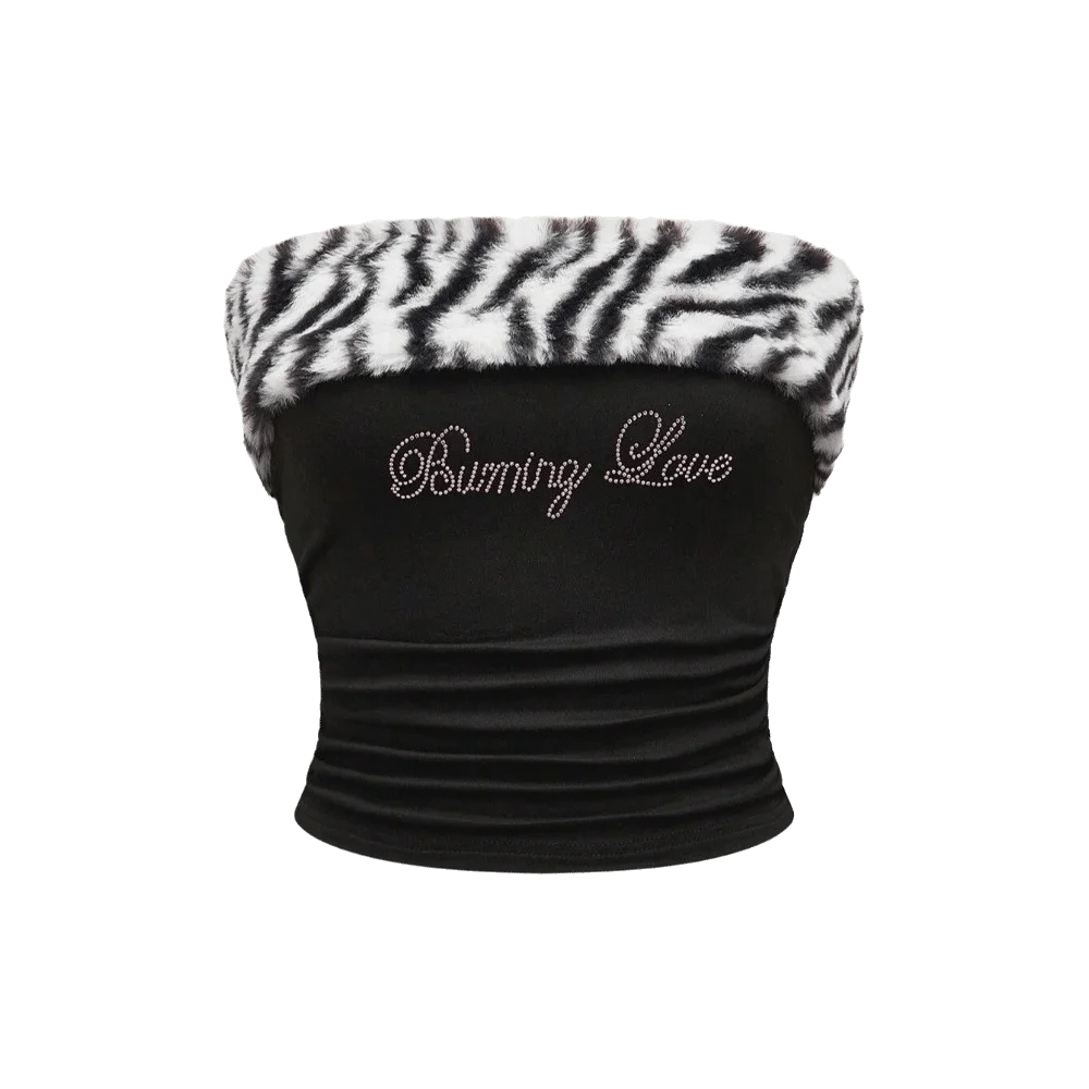 Y2K Crystal Letter Strapless Crop Top | Leopard Bandeau Bandeau Crop Top Axl Black 1XL