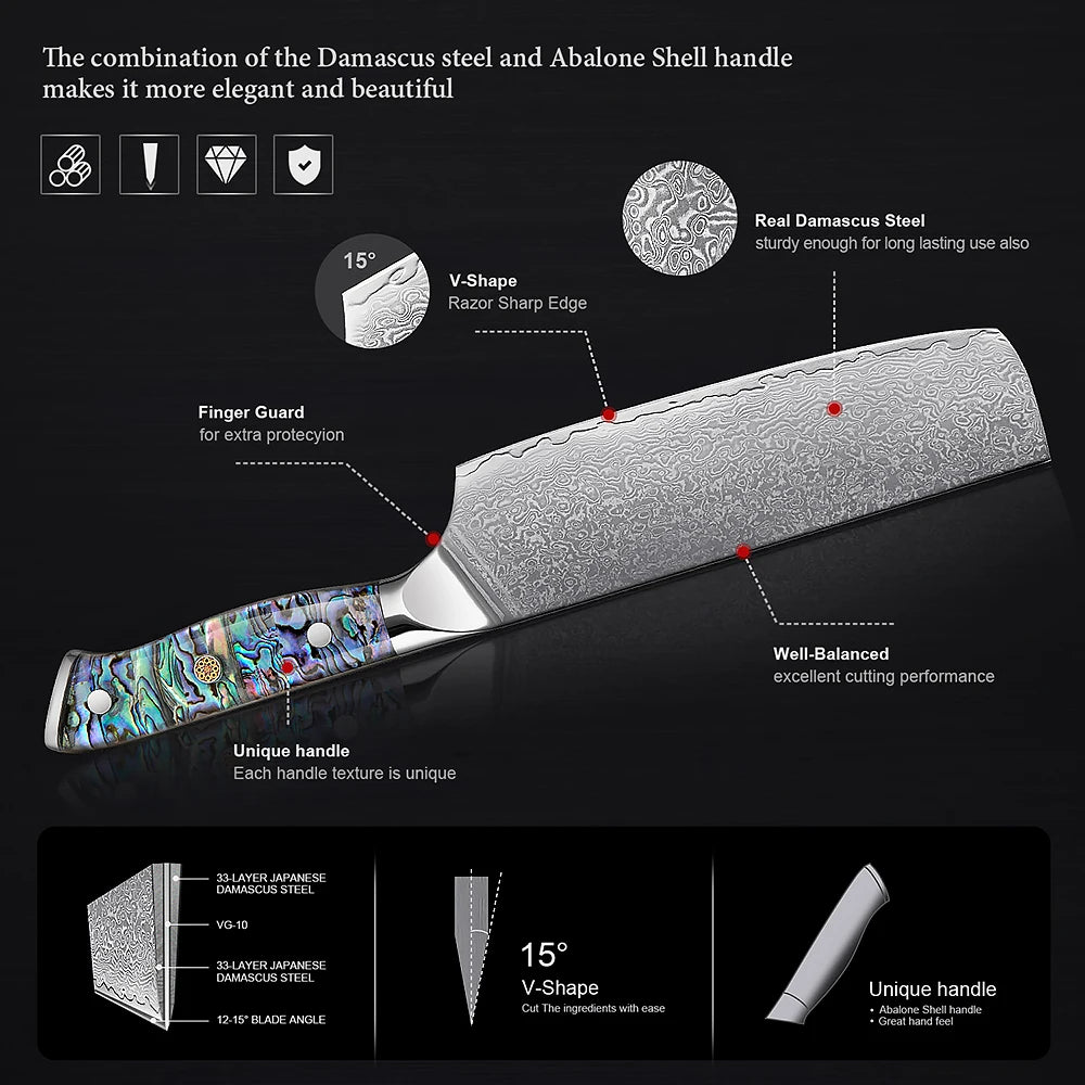 XITUO 7" Nakiri Knife – Damascus Steel & Abalone Handle Nakiri Kitchen Knife Axl