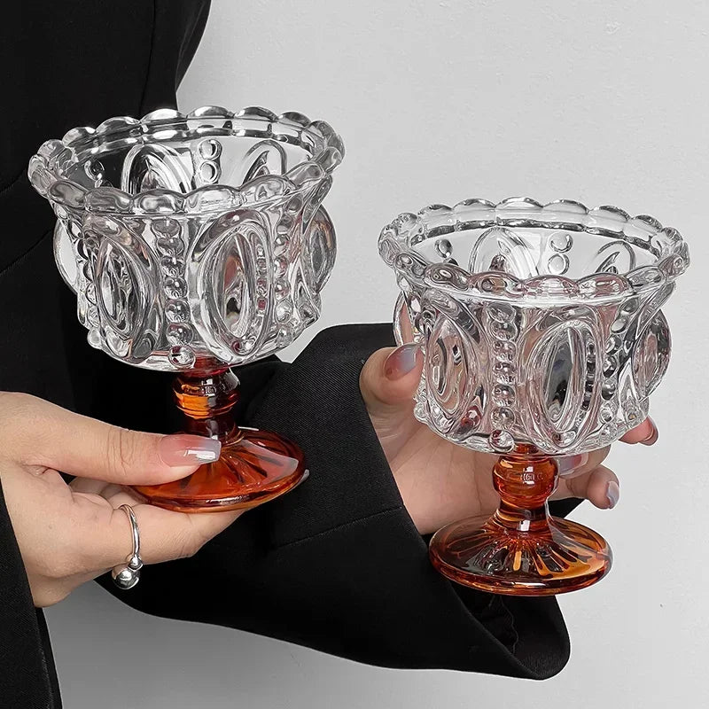 KEMORELA Retro Embossed Tall Glass Goblet – Black Crystal Cup Glass Goblet Set Axl 2PCS Brown Feet