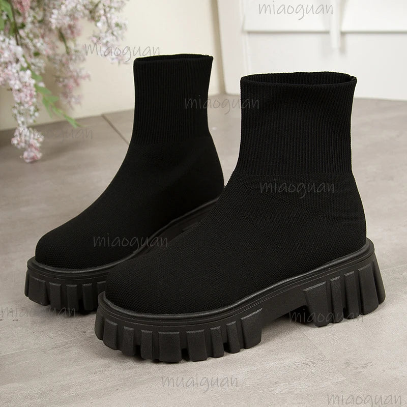 Women's Platform Slip-On Knit Ankle Boots – Thick Sole Platform Ankle Boots Axl
