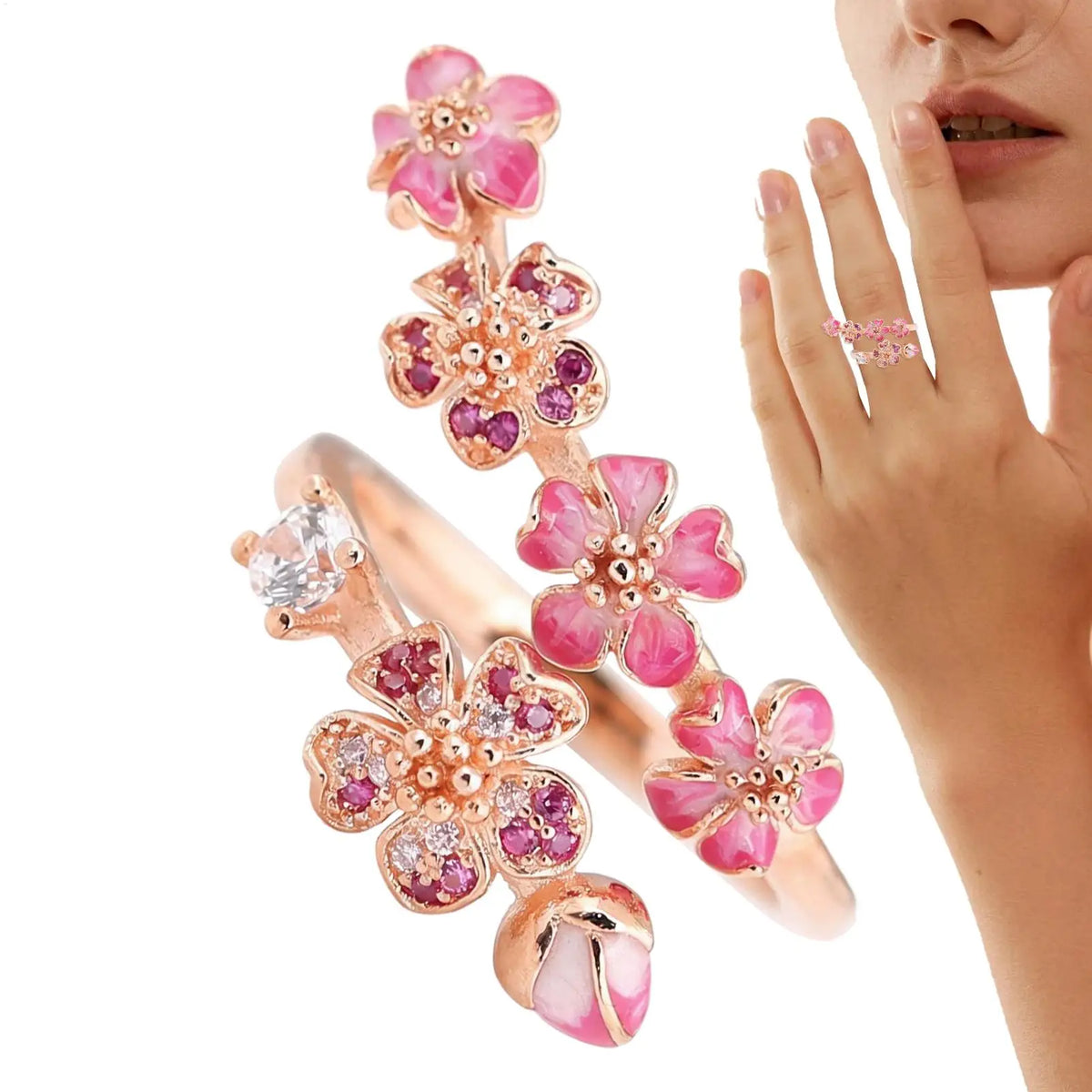 Peach Blossom Crystal Ring – Adjustable Flower Ring for Women Adjustable Flower Ring Axl